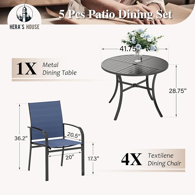 HERA'S HOUSE 5pc Patio Dining Set for 4, 42" Round Metal Table | Blue textilene chairs, umbrella hole. Waterproof, rust-resistant, all-weather for backyard, porch