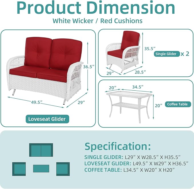 MEETWARM 4 Pieces Outdoor Wicker Patio Conversation Sets with Glider Loveseat, 2 Chairs with Coffee Table Wicker Rocking Glider Set, Patio Conversation Set with Thickened Cushions, White/Red