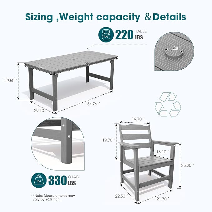 THOEOE 5 Piece Outdoor Dining Set, Patio Dining Table and 4 Chairs, All-Aluminum Frame, All-Weather HDPE Outdoor Furniture with Umbrella Hole for Garden, Lawn, Poolside, Grey