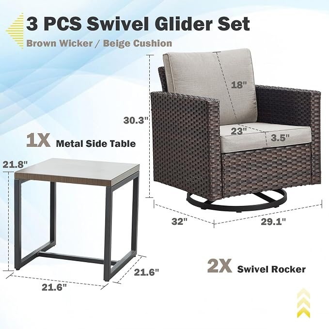 Belord Outdoor Bistro Set 3 Piece Wicker Swivel Rocker Patio Chairs, Oversize Outdoor Rattan Seating Set, Patio Swivel Glider Chairs Wicker Furniture with Metal Side Table for Porch Backyard, Brown