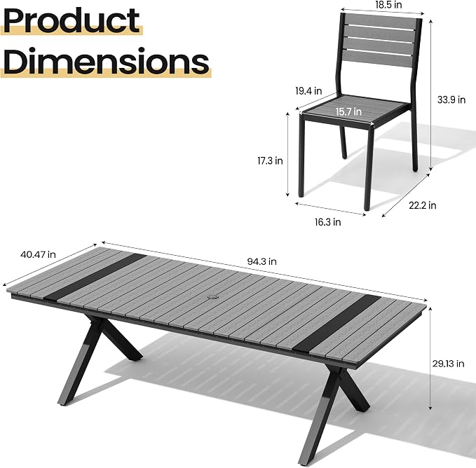 Pellebant Outdoor Dining Set for 8, 9 Pieces Aluminum Patio Table and Stackable Armless Chairs with Umbrella Hole & Wood-Like Top, Grey