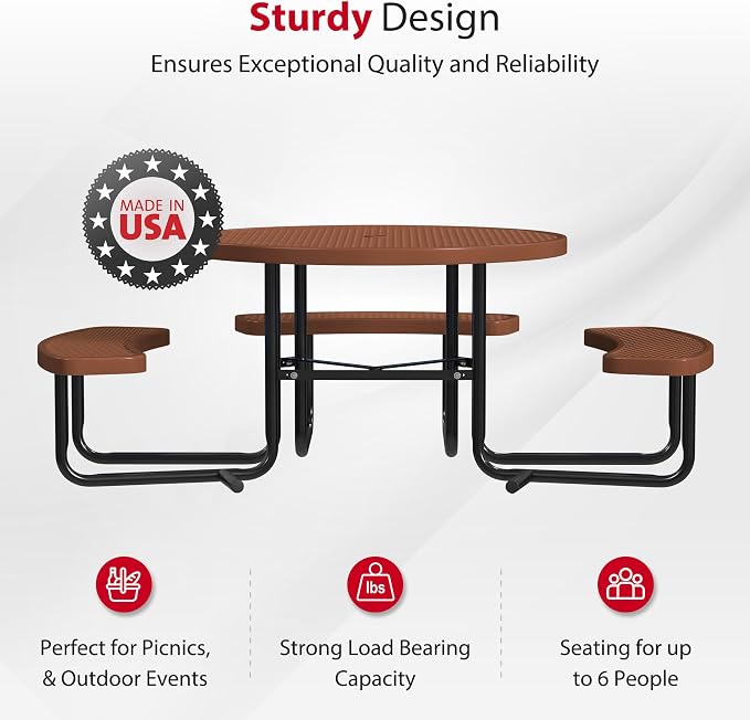 Leisure Craft Metal Picnic Table with Bench - 46" Round Outdoor Dining Table with Umbrella Hole, Heavy Duty Thermoplastic Coating, ADA Compliant, Commercial Grade Furniture Made in USA - Brown