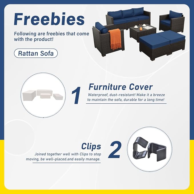 Rattan Star 6 Pieces Patio Outdoor Furniture Conversation Sets Patio Wicker Sofa Set with Outdoor Couch Patio Chairs and Storage Table Non-Slip Cushions Waterproof Covers, Navy Blue