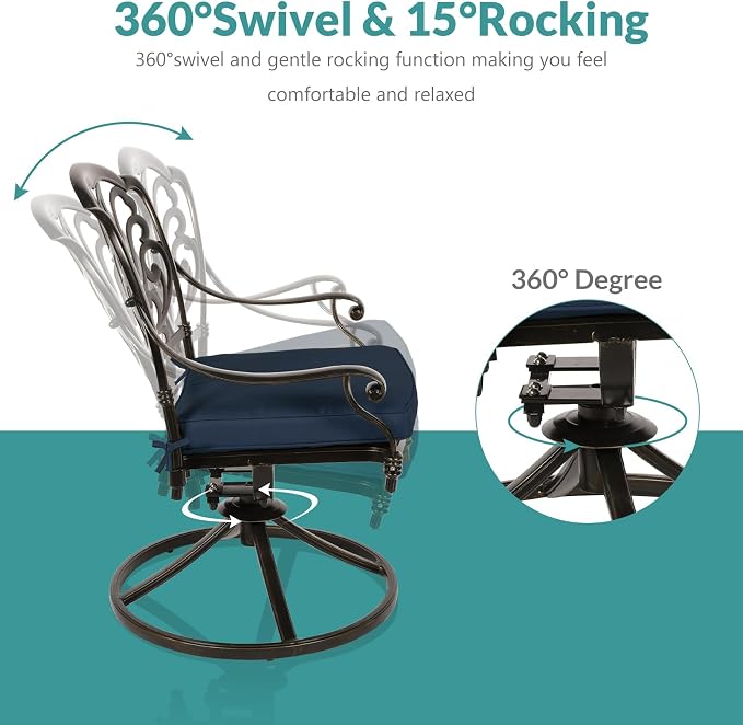 MEETWARM 7-Piece Outdoor Patio Dining Set, All-Weather Cast Aluminum Patio Conversation Set with 2 Swivel Rocker Chairs, 4 Stationary, 1 Rectangular Table, 6 Cushions, 2" Umbrella Hole, Navy Blue