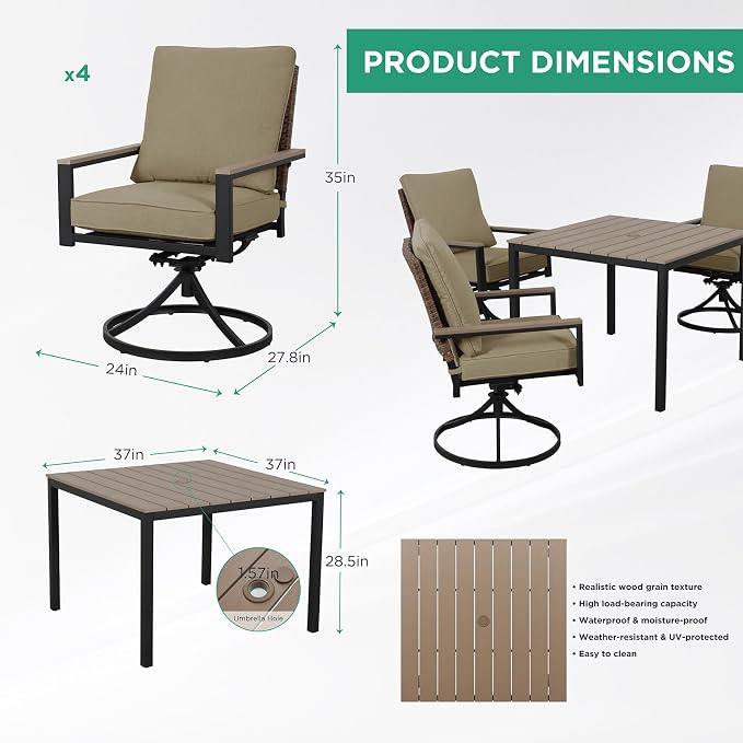 5-Piece Patio Dining Set, 4 Swivel Chairs with Removable Thickened Cushions & Square Table with Umbrella Hole, All-Weather Furniture for Backyard, Garden & Lawn, Beige