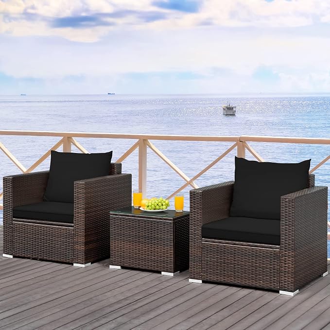 RELAX4LIFE 3-Piece Wicker Bistro Set - Outdoor Patio Rattan Sofa Set w/Washable Cushions & Tempered Glass Coffee Table, Conversation Furniture Set for Backyard, Porch, Garden & Poolside (Black)