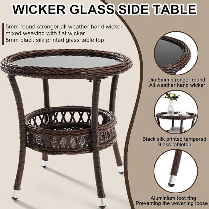 Outdoor Side Table Set of 2 Wicker End Table for Patio Rattan Side Table for Outside Brown Outdoor Patio Coffee Table with Storage & Glass Table Top Round for Backyard Porch