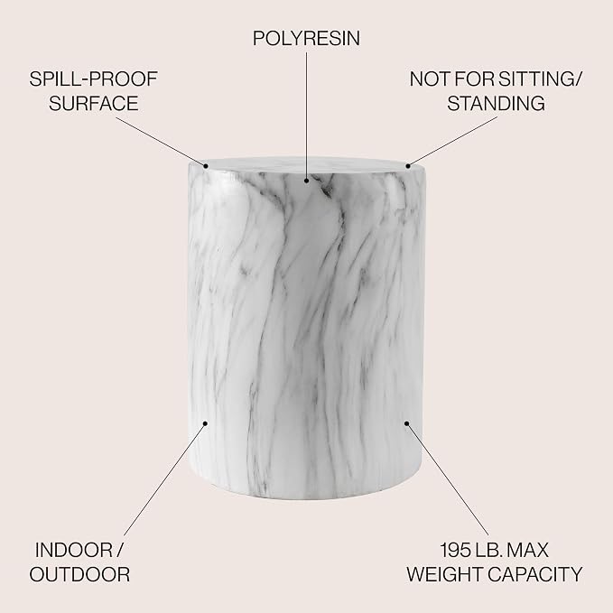 JONATHAN Y Troy Modern 17" Faux Marble Cylinder Accent Table, Round Pedestal End Table and Decorative Indoor Stool for Living Room, Small Minimalist Drum Side Table, White and Black TBL1101A