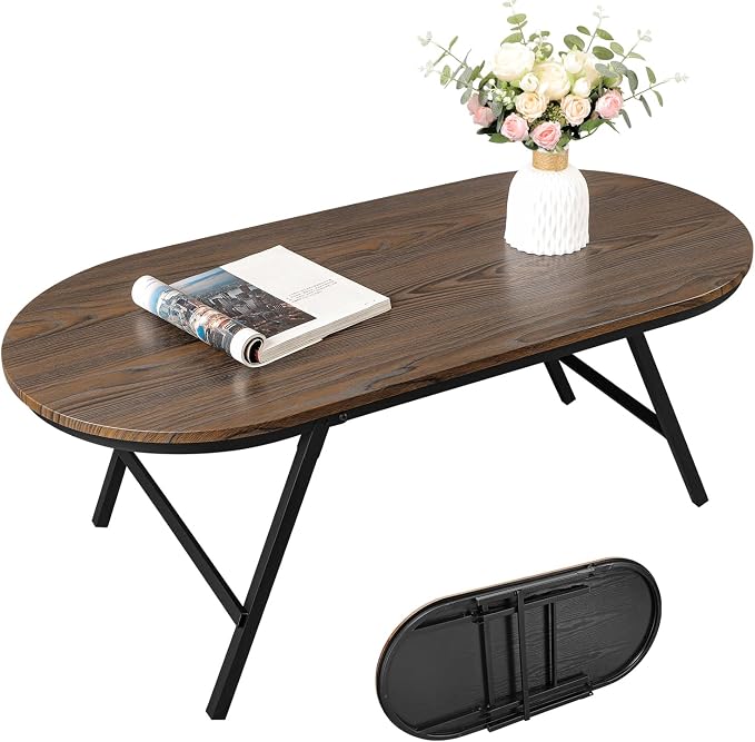 Foldable Coffee Table Oval Small Coffee Tables with Metal Legs Floor Table Desk for Sitting on the Floor Low Coffee Table for Small Spaces Living Room Outdoor Use Dark Brown