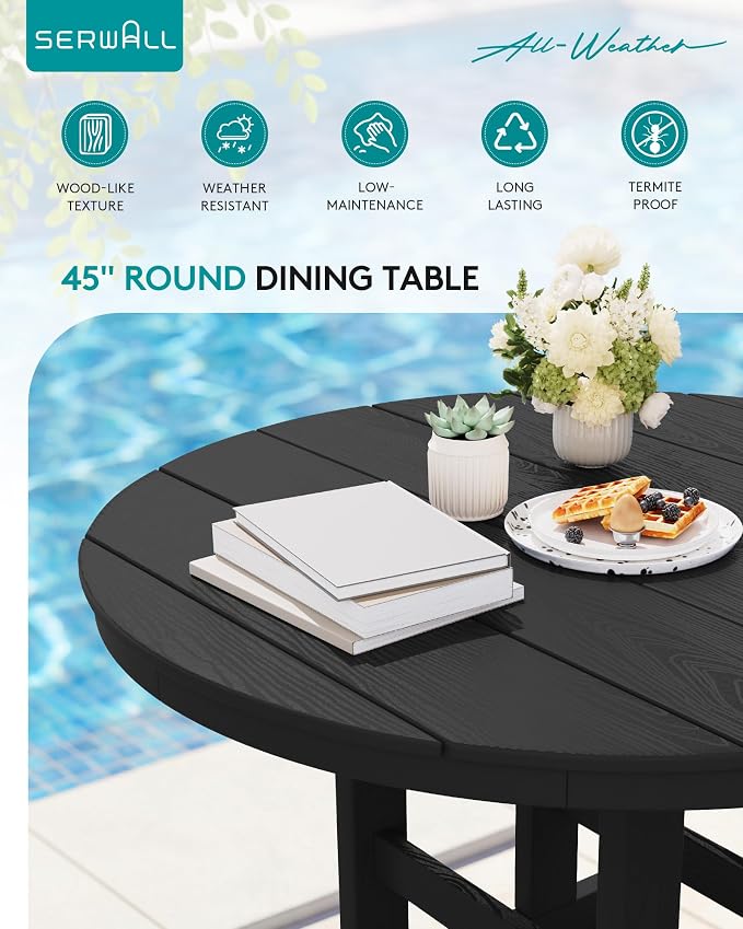 SERWALL Outdoor Round Dining Sets with Umbrella, HDPE Patio Table and Chairs Furniture Set, 45" Round Dining Table & 4 Armless Dining Chairs & 1 9FT Umbrella, Black(Not Include Umbrella Base)