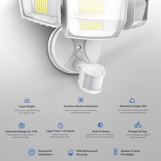 Onforu Outdoor Motion Sensor Light, Dusk to Dawn Outside Lighting, White | Hardwired 4-head 10000LM LED security floodlight, IP66 waterproof, movement detection, garage yard backyard driveway, 2 pack