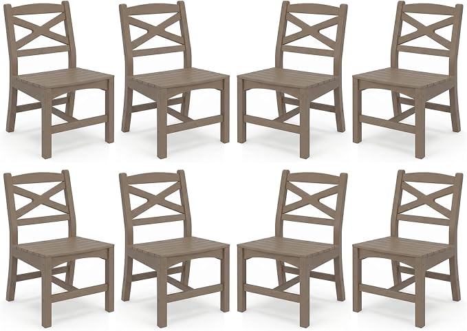 Outdoor Armless Dining Chairs Set of 8,HDPE Patio Chairs with Wide Seat,All-Weather HDPE Patio Armless Chairs for Porch, Backyard, Deck, White Brown, Table not Included