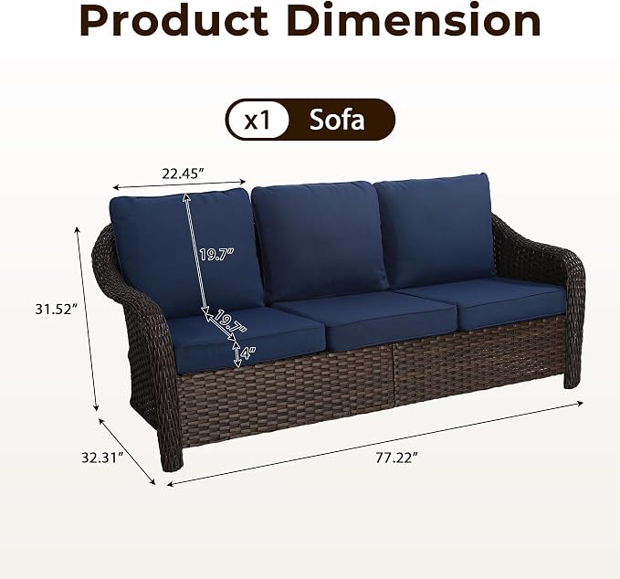 77 inch Outdoor Wicker 3 Seater Sofa, All-Weather Use Patio Rattan Sofa with Seat and Back Cushion, Ideal for Porch, Backyard, Balcony, Poolside, Blue