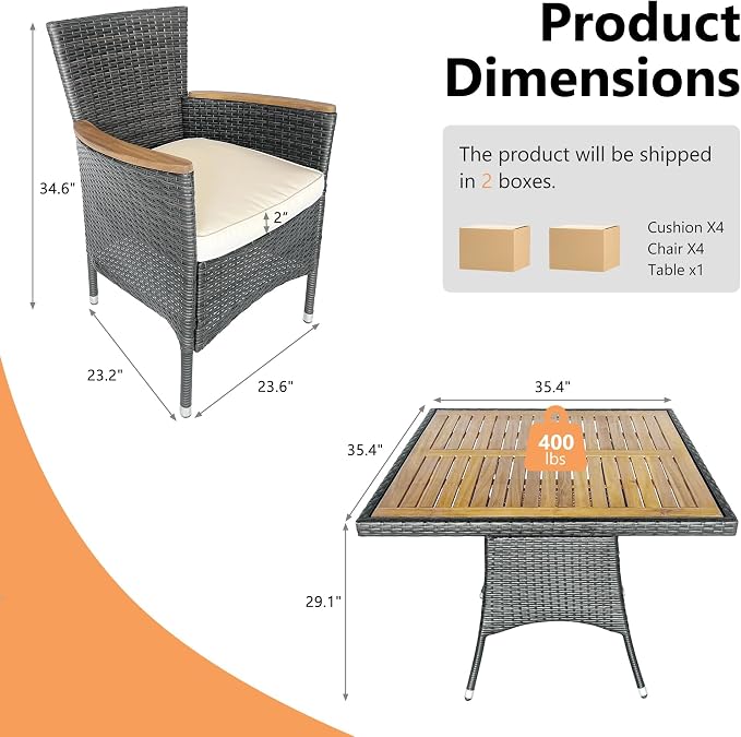 RoyalCraft 5 Piece Patio Wicker Dining Sets for 4, Water-Resistant Rattan Outdoor Dining Table and 4 Chairs with Wood Table Top, Conversation Set for Deck, Garden, Backyard, Removable Cushions, Gray
