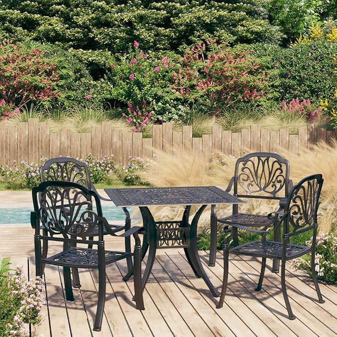 5 Piece Bistro Set Cast Aluminum Black | Weather-Proof, Umbrella Hole, Patio Dining, Sturdy and Durable