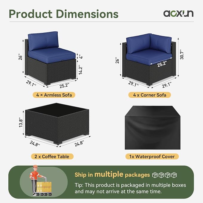 Aoxun 10 Piece Patio Furniture Set Wicker Rattan Patio Sectional Sofa Set Outdoor Seating Furniture with Thickened Cushion, Navy Blue