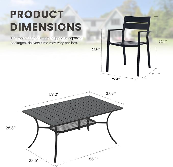 Patio Dining Set for 6, 59.2" Outdoor Dining Table and Chairs Set with Stackable Patio Chairs Outdoor Furniture for Garden Deck Backyard, Black Table and Black Chairs