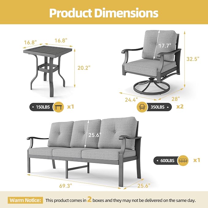 4 Piece Aluminum Patio Furniture Set, Metal Outdoor Conversation Set w/3-Seat Sofa, 2 Rocking Swivel Chairs, Side Table, Patio Bistro Set w/5" Thickened Cushions for Backyard, Poolside, Gray