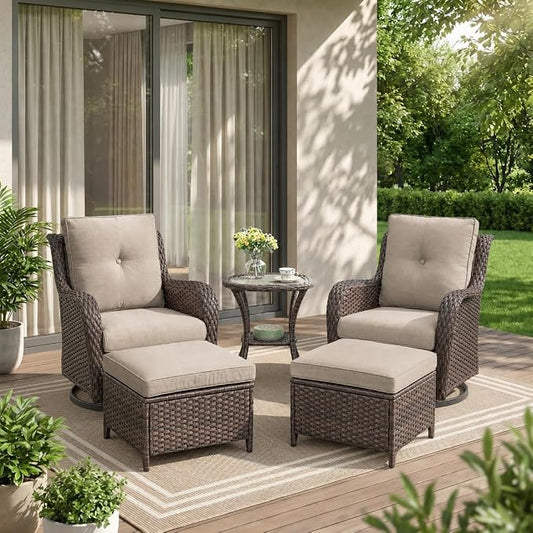 Rilyson Wicker Patio Furniture Set - 5 Piece Rattan Outdoor Sectional Conversation Sets with 2 Swivel Rocking Chairs,2 Ottomans and 1 Side Table for Porch Deck Garden(Brown/Grey)