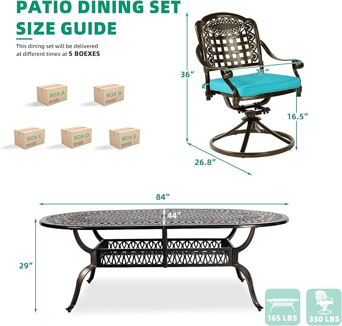 VIVIJASON 9-Piece Outdoor Patio Furniture Dining Set, All-Weather Cast Aluminum Conversation Set, Include 8 Swivel Dining Chairs and an Oval Table with Umbrella Hole, Ocean Blue Cushion