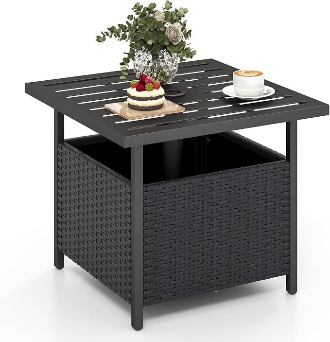 HAPPYGRILL Wicker Patio Umbrella Table with 1.57” Umbrella Hole, Outdoor Rattan Side Table with Heavy Duty Metal Frame, 22” Square PE Rattan End Table for Deck Backyard Poolside (Black)