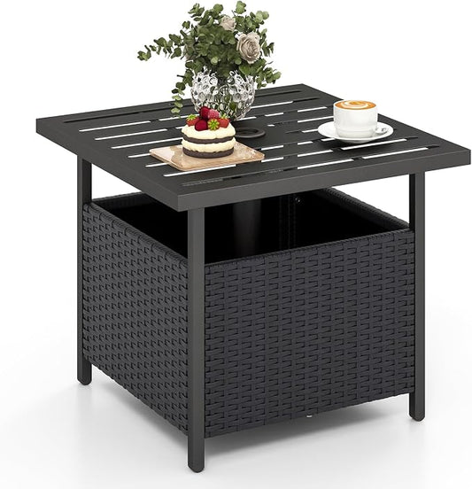 HAPPYGRILL Wicker Patio Umbrella Table with 1.57” Umbrella Hole, Outdoor Rattan Side Table with Heavy Duty Metal Frame, 22” Square PE Rattan End Table for Deck Backyard Poolside (Black)