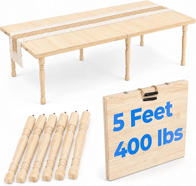 Boho Folding Picnic Table, 60" x 30" Low Wooden Table | Includes Table Runner & Non-Slip Pads, Portable Indoor/Outdoor Table for Camping, Beach, Garden, Wedding & Parties, Seats 6-8
