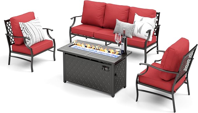 MIXPATIO Patio Furniture Set, 4 Pcs Metal Outdoor Conversation Set, 2 Single Chairs and 3 Seater Sofa with 5.75" Extra Thick Cushion and Gas Fire Pit Table for Backyard Deck, Red