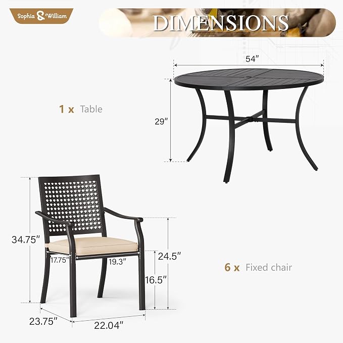 Sophia & William 7 Pieces Outdoor Round Dining Set for 6 | 54" Metal Table with Umbrella Hole & Stackable Chairs with Cushions, Modern Furniture Set for Patio, Deck, Yard, Porch