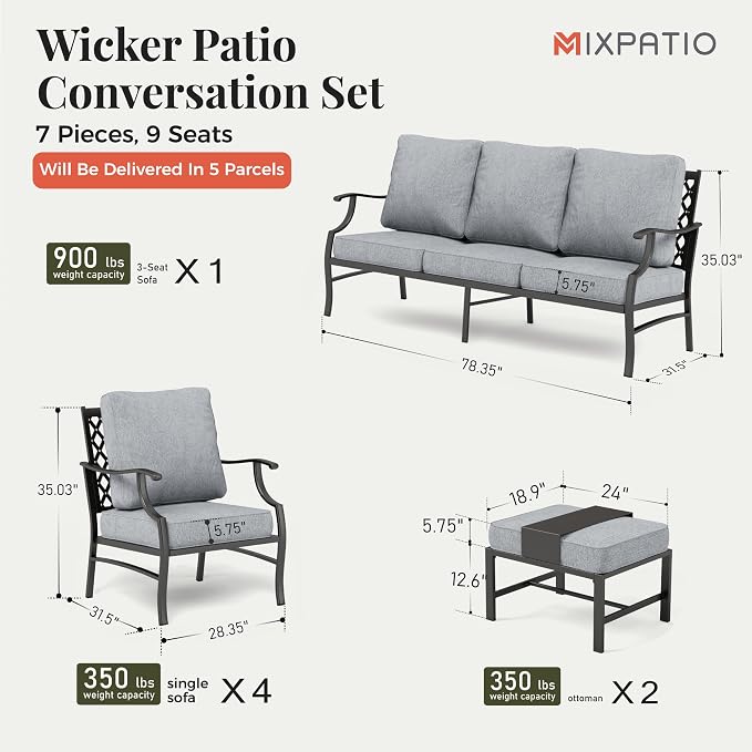 MIXPATIO Patio Furniture Set 7 pcs, Outdoor Patio Furniture, 3-Seat Sofa, 4 Single Chairs, 2 Ottomans and 5.75" Extra Thick Cushion, Patio Conversation Set for Garden Backyard Deck,Grey