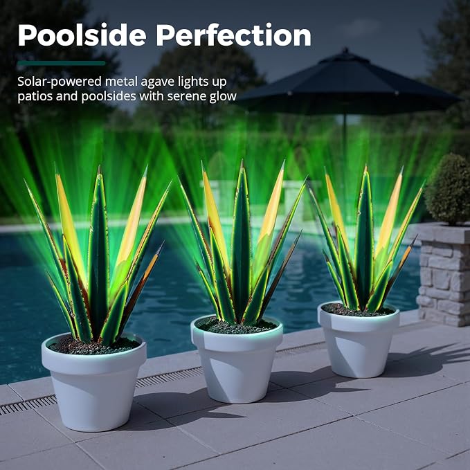 KODIBO Large Metal Agave Plant Outdoor Decor with Solar Light, Vintage Green