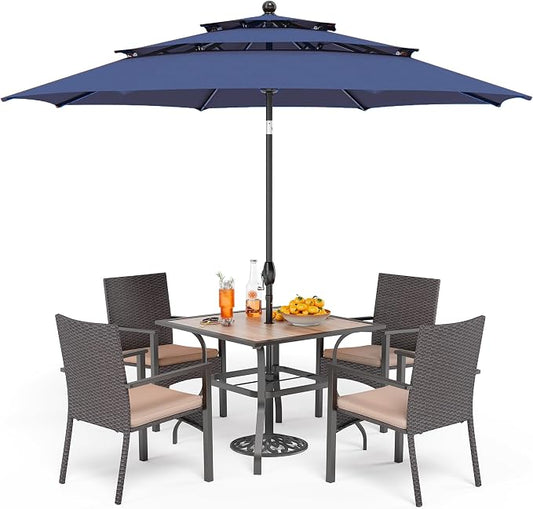 PHI VILLA 5pc Patio Dining Set with Umbrella, Square Table, Rattan Chairs | 37" Wood-like square dining table, cushioned wicker chairs, 10ft blue umbrella. Perfect for patio, deck, yard, porch.