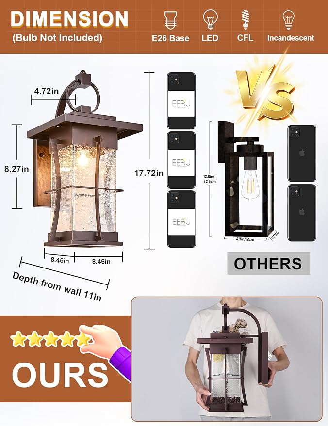18" H Extra Large Porch Sconce Oil Rubbed Bronze Large Exterior Wall Lantern Deep Brown Outside House Lamps Waterproof Mission Outdoor Lighting with Seeded Glass for Villa Garage Coach Light