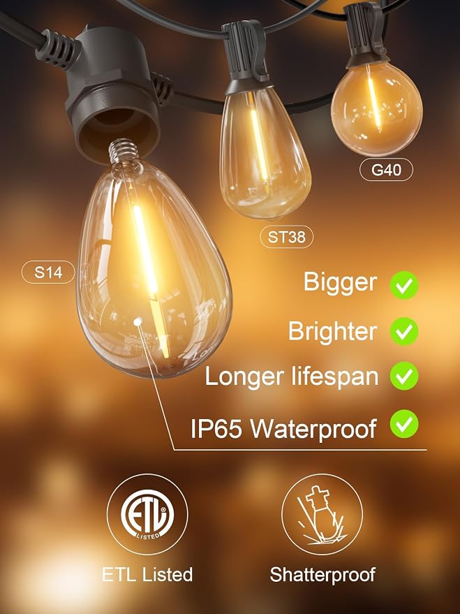 Svater Outdoor String Lights LED 50 FT, LED Patio Light Waterproof IP65 | Dimmable S14 E12 Shatterproof Bulbs,Hanging Lighting for Bistro Cafe Porch Outside Party, ETL-Listed, Warm White