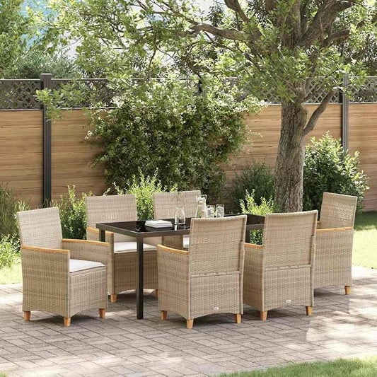 7 Piece Garden Dining Set, Beige Poly Rattan Outdoor Patio Furniture with 6 Cushioned Chairs and Glass Tabletop