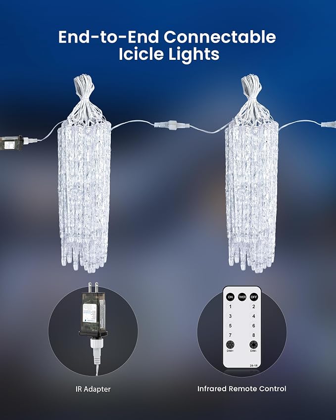 Brightown Icicle Lights for Outside with Remote, 20ft 100 LED 20 Tubes Connectable Ice Shape Hanging Christmas Lights for Tree Patio Roof Holiday Decor, Blue and White