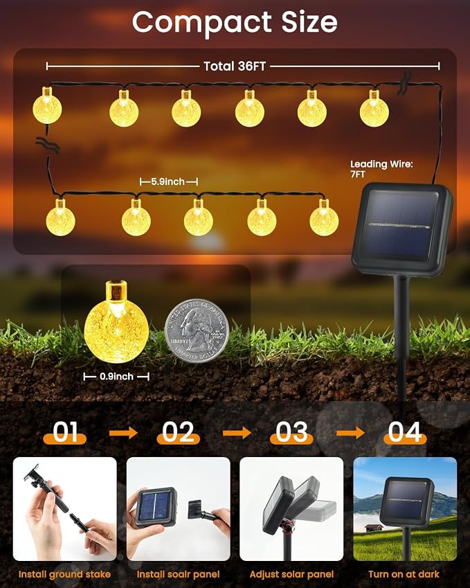 LORRYTE Solar String Lights Outdoor 32FT 50 LED Patio Lights, Warm White | Crystal Globe, IP65 Waterproof, Auto On/Off, 8 Modes Solar Powered Light for Outside Garden Yard Wedding Porch Party Decor