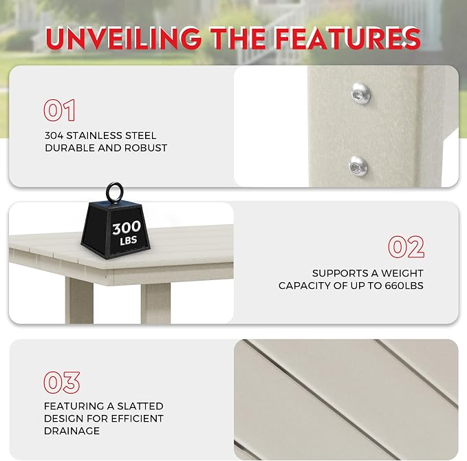 Costaelm Outdoor Patio Table, Outdoor Dining Table for 6, Weather Resistant Rectangle Patio Table with Umbrella Hole for Outside, Garden, Poolside, Porch, Sand