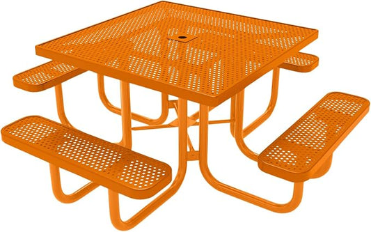 COATEDOUTDOORFURNITURE Heavy-Duty Portable Outdoor Picnic Table with Umbrella Hole, Punched Steel Commercial-Grade Patio Furniture Made in America (46" Square Top, Orange with Orange Frames)
