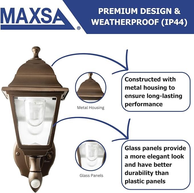 MAXSA 46219 Battery-Run Motion-Activate Outdoor Metal Wall Sconce Bronze | Metal and Glass Battery-Powered, No Wiring Needed, 13x8.5x6" Automatic Operation, Easy Installation Bronze Cool White LEDs