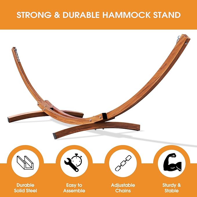 Lazy Daze Hammocks 13.5 Ft Arc Heavy Duty Steel Hammock Stand with Chains, 2 Person Weather-Resistant Curved Stand for Outside, Backyard, Patio, 500 Lbs Capacity, Wood Grain