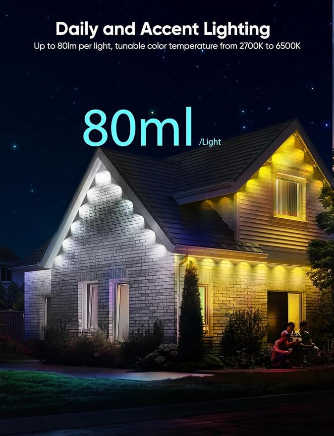 Permanent Outdoor Lights Pro, 150ft with 108 RGBCW Eaves Lights | Dual Lens, 108W, 80lm, Cuttable, IP67 Waterproof Lighting for Daily and Holiday Decor, Compatible with Alexa, Black