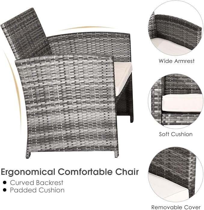 MAT EXPERT 4-Piece Wicker Sofa Chair and Table Set, Patio Rattan Conversation Set w/Removable Cushions, Outdoor Sofa Furniture w/Tempered Glass Coffee Table for Garden/Lawn/Pool/Backyard