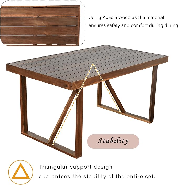 LUMISOL 6 Piece Patio Table Set with Bench, Acacia Wood Outdoor Table and Chair Set for Patio Balcony Backyard, Brown