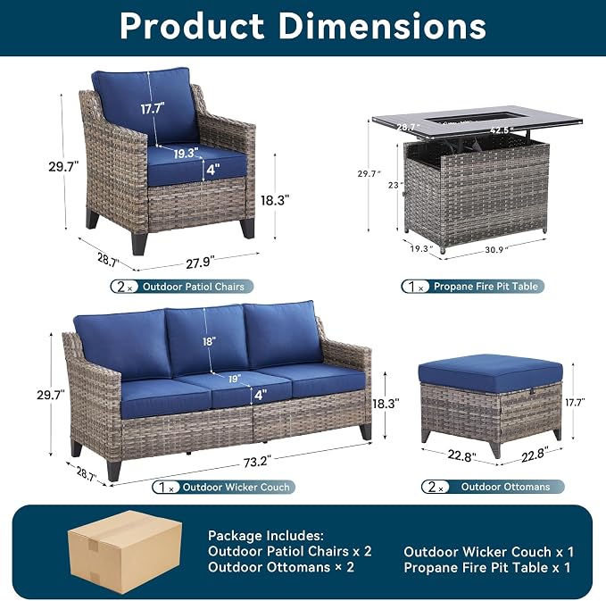 Patio Furniture Set with 42.5" Fire Pit Table-6 Pieces All Weather Wicker Outdoor Furniture with High Back Wicker Patio Chairs Set of 2 Outdoor Couch for Deck Backyard Blue/Gray