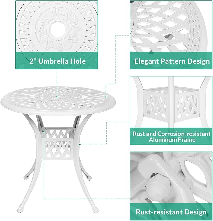 VIVIJASON 3-Piece Patio Furniture Dining Set, All-Weather Cast Aluminum Outdoor Bistro Set, Include 2 Dining Chairs and 31" Round Table w/ 2" Umbrella Hole for Balcony, Lawn, Garden, Backyard, White