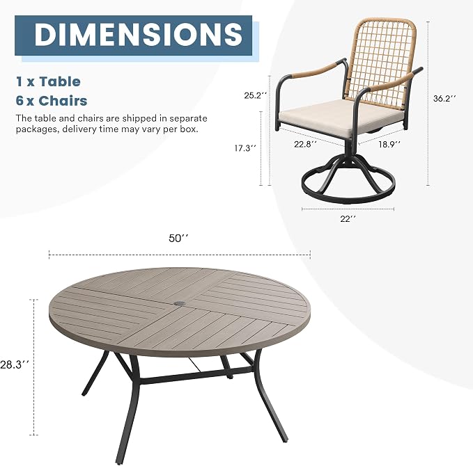 DIFY 7 Pieces Outdoor Dining Set, Metal Patio Table and Chairs Set for 6, 50" Round Dining Table with Umbrella Hole & Wicker Swivel Patio Chairs with Cushions, Grey Wood-Like Tabletop