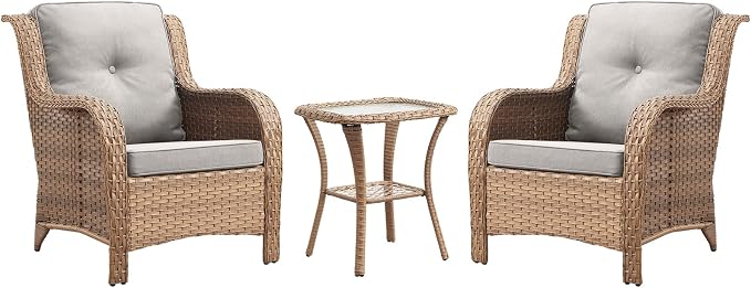 Rilyson Patio Bistro Set Outdoor Chairs - 3 Piece Wicker Rattan Patio Furniture Set with 2 Armrest Chair and 1 Side Table for Proch Deck Garden Backyard Balcony(Yellow/Beige)
