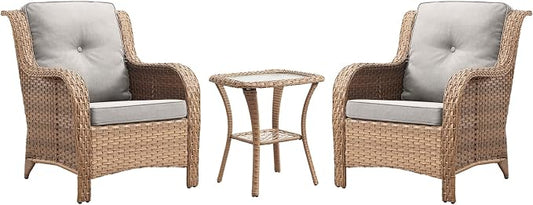 Rilyson Patio Bistro Set Outdoor Chairs - 3 Piece Wicker Rattan Patio Furniture Set with 2 Armrest Chair and 1 Side Table for Proch Deck Garden Backyard Balcony(Yellow/Beige)