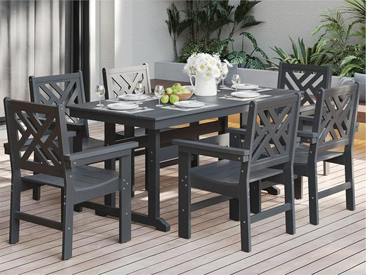 7-Piece Outdoor Dining Set, HDPE All-Weather Patio Table and Chairs Set for 6, Outdoor Patio Furniture Sets with Umbrella Hole for Outside, Deck, Backyard, Garden (Black)